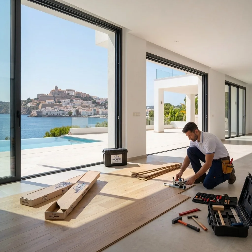 Professionnel Multifix posant un parquet flottant dans une villa avec vue sur Ibiza