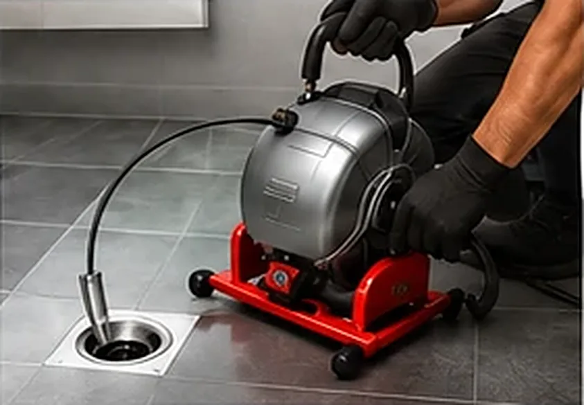 Machine de débouchage à tige sur une bonde de salle de bain