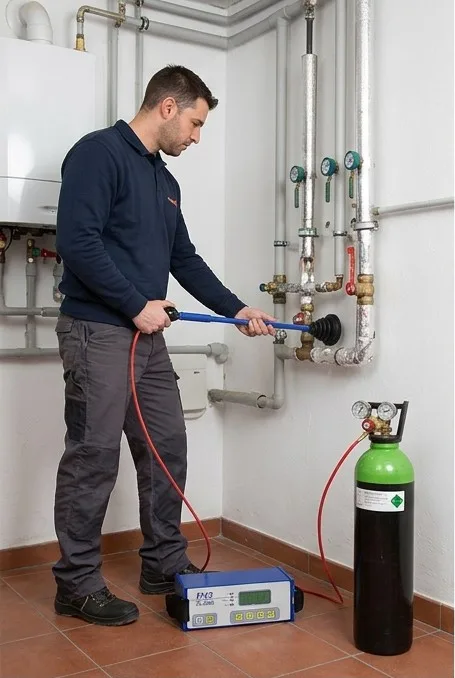 Technicien appliquant du gaz traceur sur l'installation de plomberie