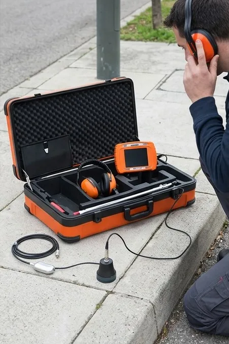 Géophone dans sa mallette à côté d'un technicien qui écoute au casque