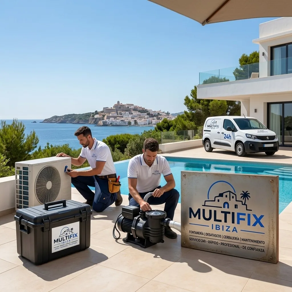 Techniciens Multifix Ibiza réparant une climatisation et une pompe de piscine dans une villa en bord de mer